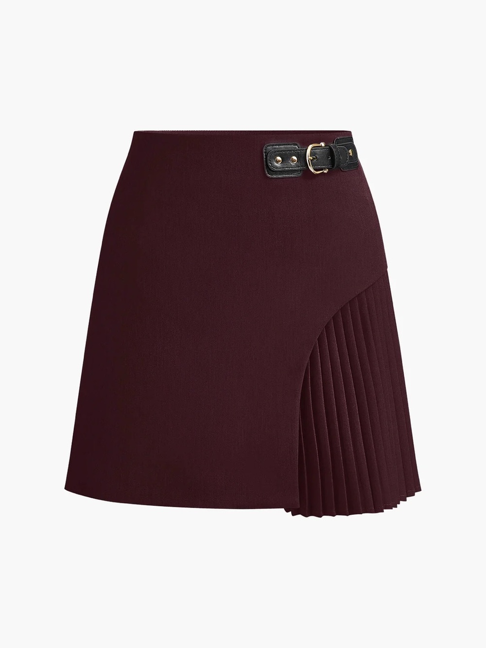 Commense Wine Mini Skirt with Pleated Side and Buckle